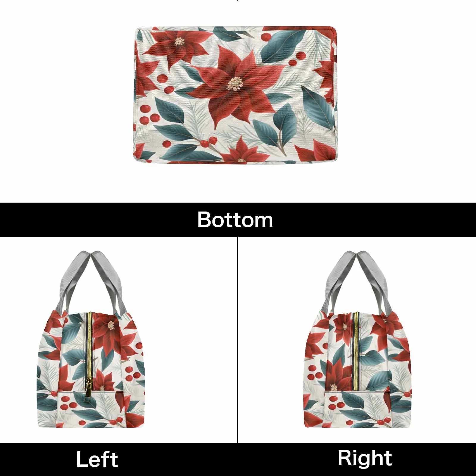 Christmas Red Poinsettia  Portable Lunch Bag-Grey Handle