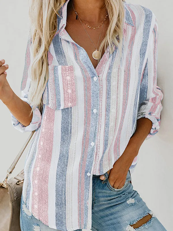 High-Low Long Sleeves Buttoned Pockets Striped Lapel Blouses&Shirts Tops