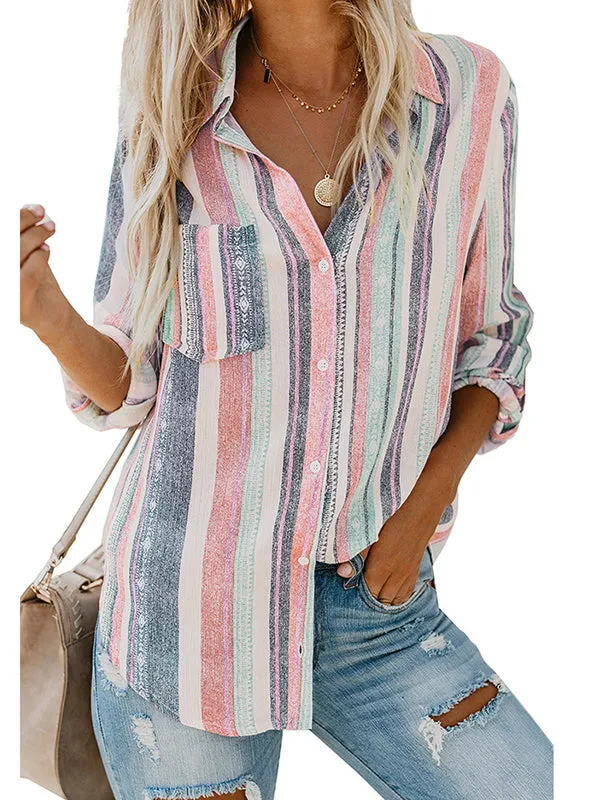 High-Low Long Sleeves Buttoned Pockets Striped Lapel Blouses&Shirts Tops