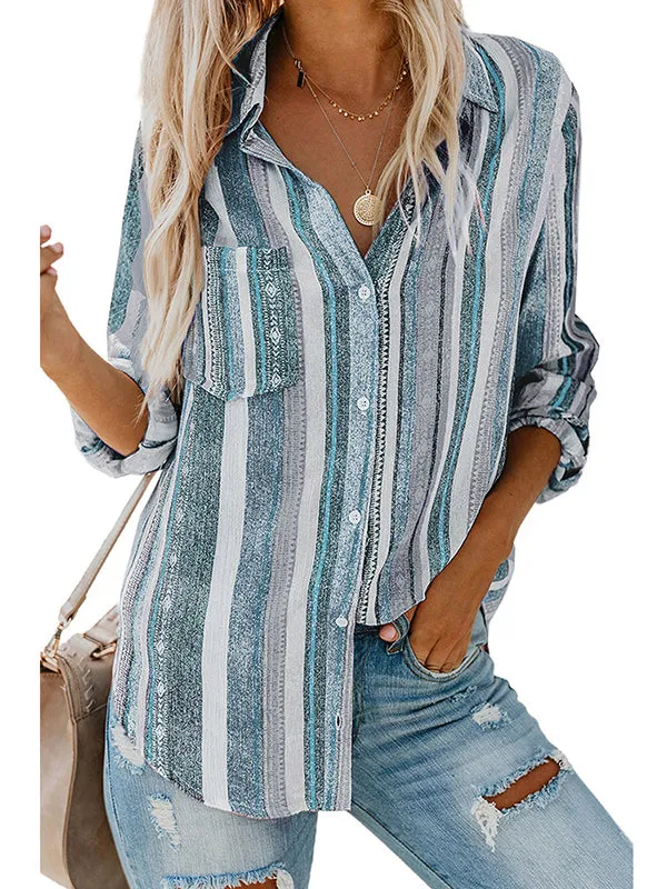 High-Low Long Sleeves Buttoned Pockets Striped Lapel Blouses&Shirts Tops