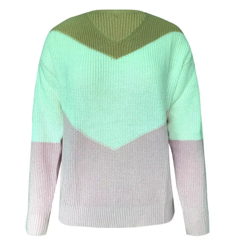 New European And American Foreign Trade Knitwear Amazon Popular Color Matching V-Neck Long Sleeve Loose Knit Sweater