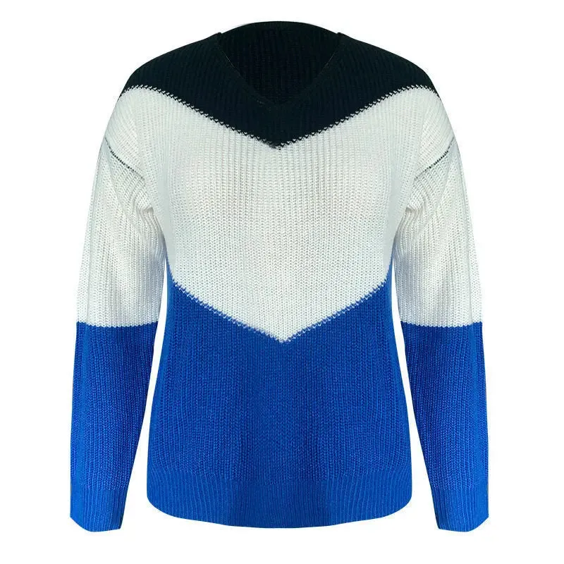 New European And American Foreign Trade Knitwear Amazon Popular Color Matching V-Neck Long Sleeve Loose Knit Sweater